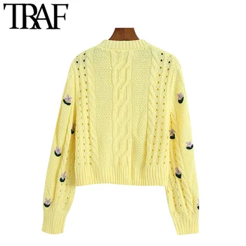 TRAF Sieviešu Modes Dobi No Apgriezts Trikotāžas Jaka Vintage Džemperis ar V veida Kakla garām Piedurknēm, Sieviešu Virsdrēbes Šiks Topi