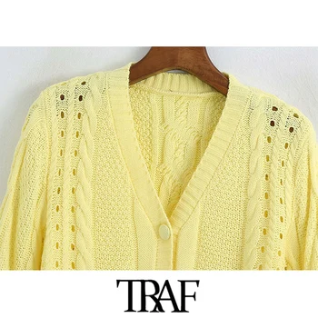 TRAF Sieviešu Modes Dobi No Apgriezts Trikotāžas Jaka Vintage Džemperis ar V veida Kakla garām Piedurknēm, Sieviešu Virsdrēbes Šiks Topi