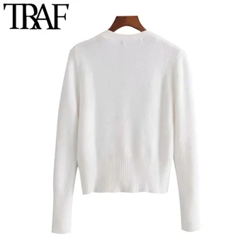 TRAF Sieviešu Modes Soft-justies Apgriezts Trikotāžas Jaka Vintage Džemperis ar garām Piedurknēm Pogas Sieviešu Virsdrēbes Šiks Topi