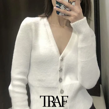 TRAF Sieviešu Modes Soft-justies Apgriezts Trikotāžas Jaka Vintage Džemperis ar garām Piedurknēm Pogas Sieviešu Virsdrēbes Šiks Topi