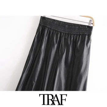 TRAF Sieviešu Šiks Modes Faux Ādas Plaša Kāju Bikses Vintage Augstas Elastīga Vidukļa Sānu Kabatas Sieviešu Bikses Mujer