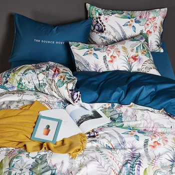 TUTUBIRD Zaļā pastorālo gultas veļa Luksusa Ēģiptes kokvilnas gultas komplekts meitenēm ziedu tīro mīksto loksnēs Satīna sega sedz pārklājs
