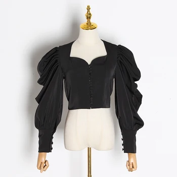 TWOTWINSTYLE Vintage Frēzēšana Ruched Blūzes Sieviešu Laukumā Apkakles Laternu garām Piedurknēm Rudens Krekls Sieviešu Modes Apģērbu Jaunas