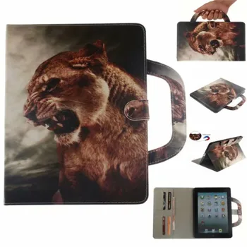 Tablet Case For iPad Gaisa Attiecas uz Gadījumiem, Rokturis Pārsegu Statīvu Ādas Maks Krāsainu zīmējumu Tīģeris, Lauva, vilks Coque iPad 5