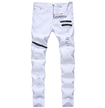 Taisni caurumu iznīcināšanu bikses problemātisko džinsi vīriešu džinsa bikses vīriešu džinsi modes dizaineru zīmolu balts jean vīrietis