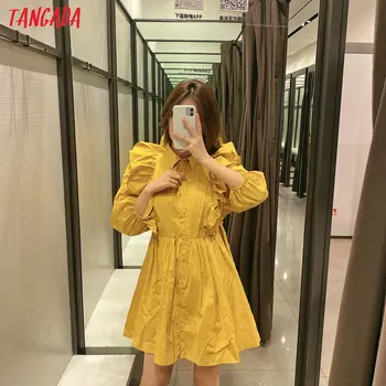 Tangada vasaras modes sieviešu dzeltenu kroku mini kleita ar īsām piedurknēm dāmas vintage biroja lady kleita vestidos 2W110