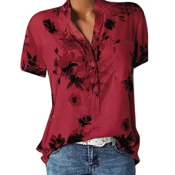 Temperaments jaunu sieviešu kreklu apdruka lielformāta gadījuma brīvs krekls ar V-apkakli, īsām piedurknēm krekls blūze