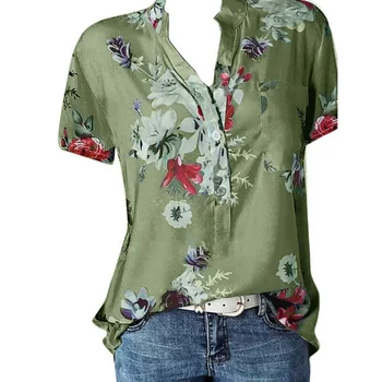 Temperaments jaunu sieviešu kreklu apdruka lielformāta gadījuma brīvs krekls ar V-apkakli, īsām piedurknēm krekls blūze