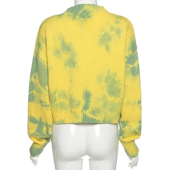 Tie Krāsošanas Drošības Pin Jaka Sieviešu Yellow & Green kaklasaišu Krāsošanas Adīt Open-Priekšā Kultūru Džemperis e-meitene Harajuku Streetwear /