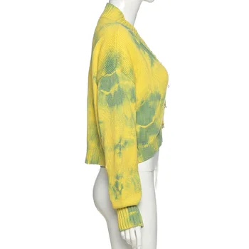 Tie Krāsošanas Drošības Pin Jaka Sieviešu Yellow & Green kaklasaišu Krāsošanas Adīt Open-Priekšā Kultūru Džemperis e-meitene Harajuku Streetwear /