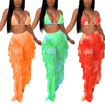 Tie Krāsu Drukas Komplekti Sieviešu Pludmales Mežģīnes-up Pavada Krūšturis Skatīt Caur Sietu Bikses Ruffles Cover-Ups Modes Sieviešu Pludmales Tērpiem