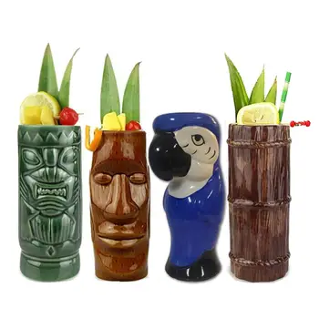 Tiki Krūzes Uzstādīt Keramikas Kokteilis, Krūzes, Glāzes, Dzērienu Tases, Havaju Puse Barware Lieldienu Salu Bambusa Dzeltena Papagailis Tiki Krūze