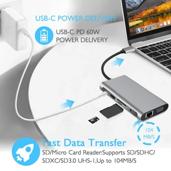 Tipa-C RJ45 Gigabit Lan Ethernet HDMI 4K VGA Adapteris SD TF Karšu Lasītājs, USB-C USB 3.0 Audio for MacBook Samsung Thunderbolt 3