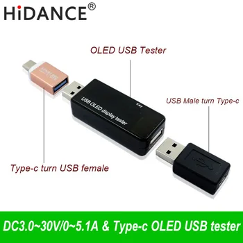 Tipa-c OLED 128x64 USB testeri DC strāva voltmetrs Power Bank akumulatora monitors qc3.0 Tālruņa lādētāju Metri 3-30V