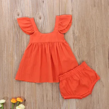 Toddler Bērnu Vasaras Drēbes Kokvilnas Apģērbs Ruffles bez Piedurknēm Lidot Piedurknēm Mini Kleita Top+Elastīga Vidukļa Bikses Baby Girl 0-24M