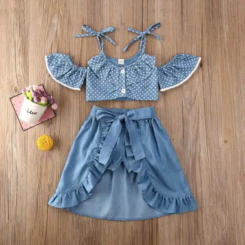 Toddler Meitene Apģērbu Komplekti Vasaras Bērnu Kid Polka Punktiņi Pie Pleca Topi+Savirmot Svārki+Bikses Drēbes 3Pcs