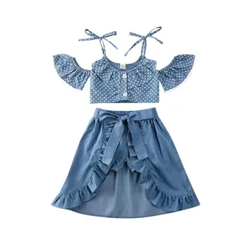 Toddler Meitene Apģērbu Komplekti Vasaras Bērnu Kid Polka Punktiņi Pie Pleca Topi+Savirmot Svārki+Bikses Drēbes 3Pcs
