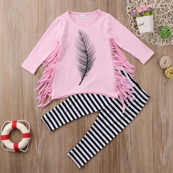 Toddler Meitene Apģērbu Komplekts Meitenēm Spalvu Pušķis Rozā Top+ Svītrainas Bikses Apģērbs Komplekts 2gab Apģērbu Komplekts 1-6Y