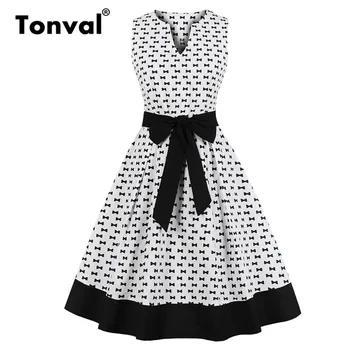 Tonval Balts Elegants Maz Loku Drukāt Rockabilly Dress Sieviešu V Kakla Siksnas Retro Tērpu Femme Black Hem Vintage Kleitas