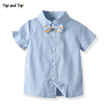 Top un Top Jaundzimušā Apģērbu Vasaras Puiku Kopa Džentlmenis Īsām Piedurknēm Svītrainām Bowtie Krekls+(Dungriņi) 2gab Apģērbs, Zīdaiņu Apģērbs