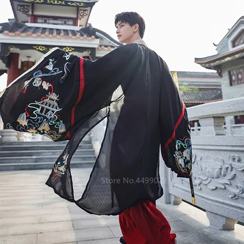 Tradicionālā Ķīniešu Drēbes Hanfu Kleita Vīriešiem Vīriešu Iedomātā Izšūšana Jaku Kura Ietērpusies Kimano Tops, Svārki Uzstādīt Modes Streetwear Deju Kostīms
