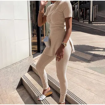 Trikotāžas Salātu Sieviešu T-krekli Set 2 Gabals, kas Īsām Piedurknēm T-krekls Sieviešu Uzvalks Ir 2021. Rudens Streetwear Dāmas Garās Bikses Uzvalki