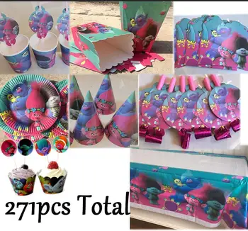 Troļļi Puse Meža Piegādes 271pcs Bērniem Dzimšanas dienas ballīti Apdare Magoņu Filiāle Kūka + Plate + Ielūgumu + Troļļi, Tetovējumi
