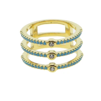 Trīs līnijas cz mūžību joslā zelta krāsā iezīmēt zilā turquoises akmens modes sieviešu pilnu pirkstu gredzens