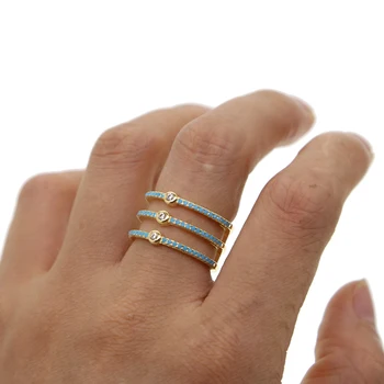 Trīs līnijas cz mūžību joslā zelta krāsā iezīmēt zilā turquoises akmens modes sieviešu pilnu pirkstu gredzens