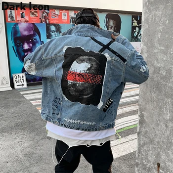 Tumši Ikona Grafiti Zila Džinsu Jaka Vīriešiem 2019 Rudens Hip Hop Žaketes Jaunu Modes Vīriešu Džinsa Jakas Streetwear