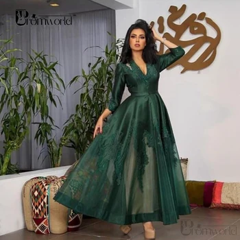 Tumši Zaļa, Dubaija Saūda arābu vakarkleita Balles Kleita ar V-veida Kakla Appliques Musulmaņu Vakara Kleitas Potītes Garuma drēbes de saviesīgs vakars
