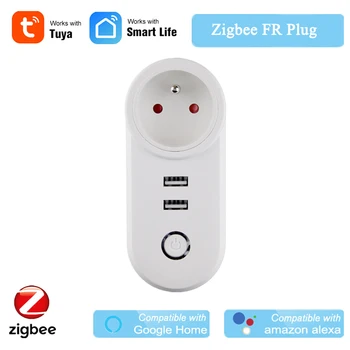 Tuya Smart Zigbee FR Plug APP Bezvadu Kontroles Tuya Zigbee 3.0 FR Ligzda Alexa Atbalss Balss Kontroles Dual USB Uzlādes Google Home