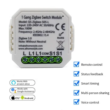 Tuya Zigbee Smart Switch Module Bez /Ar Neitrālu 220V 1 Veids Bezvadu Gaismas Wifi Slēdzis, Relejs Amazon Alexa, Google Home Palīgs