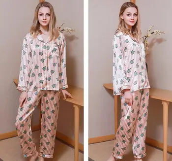 Tīra Zīda Sieviešu Iespiesti Pidžamas Komplekts Sleepwear Naktskrekls M L XL 2XL XM008