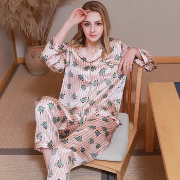 Tīra Zīda Sieviešu Iespiesti Pidžamas Komplekts Sleepwear Naktskrekls M L XL 2XL XM008