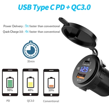 USB-C Auto Lādētājs Ātri Uzlādēt 3.0 C Tipa, ar LED Ciparu Voltmetrs Universal Strāvas Kontaktligzdai 12/24V Laivu, Automašīnu, Kravas automašīnu, Motociklu