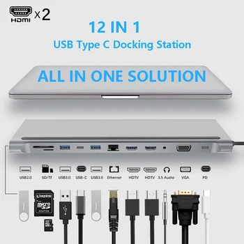 USB C Tipa Rumbu Adapteri Portatīvo datoru dokstaciju, MST divu Monitoru Dual HDMI VGA RJ45 SD TF MacBook Dell XPS Hp Lenovo ThinkPad
