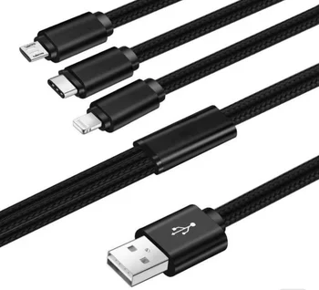 USB kabeļa tips-C/microUSB/zibens 3bs-5 2.1 (3 in 1), neilona, melns