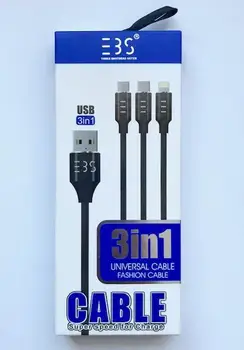 USB kabeļa tips-C/microUSB/zibens 3bs-5 2.1 (3 in 1), neilona, melns