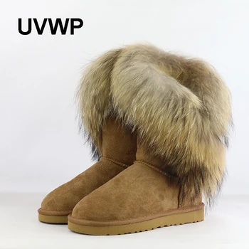 UVWP augstākās Kvalitātes Īstas Ādas Sieviešu Sniega Zābaki, Modes Liels Dabas Fox Kažokādas Ziemas Zābaki, Silts Vidus Zābaki Sieviešu Kurpes