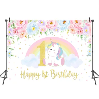 Unicorn Laimīgs 1. Dzimšanas dienas Fons Fotogrāfijas Baby Dušas Varavīksnes Ziedu Glezniecības Decoration, Banner Custom Foto Aksesuāri