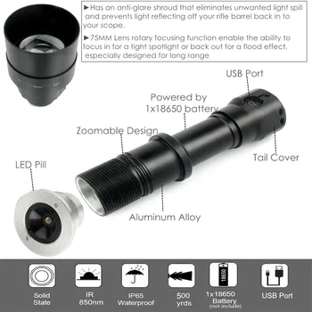 UniqueFire 1605 Zoomable 75mm objektīvu IS 850nm Gaismiņa 3 Režīmi Nakts Redzamības Lāpu Uzlādējams Medību Lanterna