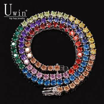 Uwin 4mm Multicolor Tenisa Ķēdes Ledus Rhinestone Krāsu Hip Hop Kaklarota Modes Sieviešu Un Vīriešu Rotaslietas Dāvanu Puse