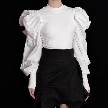 VGH Elegants Raibs Adīšanas Sieviešu Džemperi O Kakla Puff Piedurknēm Ruched Streetwear Sieviešu Džemperis Modes 2020. Gadam Apģērbu Jūra