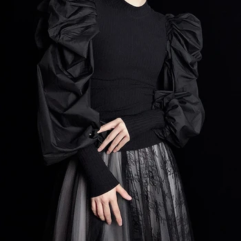 VGH Elegants Raibs Adīšanas Sieviešu Džemperi O Kakla Puff Piedurknēm Ruched Streetwear Sieviešu Džemperis Modes 2020. Gadam Apģērbu Jūra