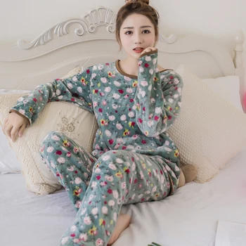 Vairumtirdzniecības WAVMIT Sieviešu Siltas Flaneļa Pidžamas Komplekts Sabiezēt Drukāt Pyjama Kopa ar garām Piedurknēm Sleepwear Tērps sievietēm, mājas drēbes meitenei