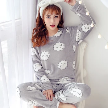 Vairumtirdzniecības WAVMIT Sieviešu Siltas Flaneļa Pidžamas Komplekts Sabiezēt Drukāt Pyjama Kopa ar garām Piedurknēm Sleepwear Tērps sievietēm, mājas drēbes meitenei