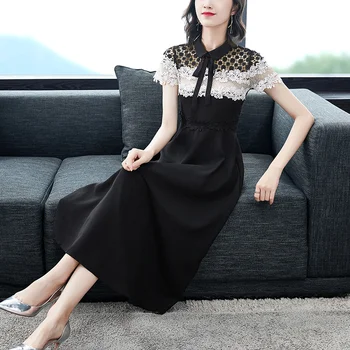 Vasaras 2020. Gadam, Sievietēm, Mežģīnes Raibs Kleitas Modes Īsām Piedurknēm Savukārt Apkakle Šifona Kleita Biroja Dāmas Elegants Puse Kleitas