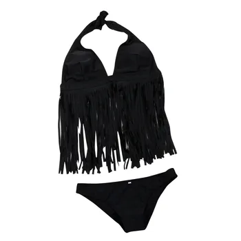 Vasaras Black Fringed Sexy Sievietes Pārsējs Bikini Komplekts Push-up Polsterētām Krūšturis Peldkostīmu Deep-V Zems Viduklis Off-plecu peldkostīms