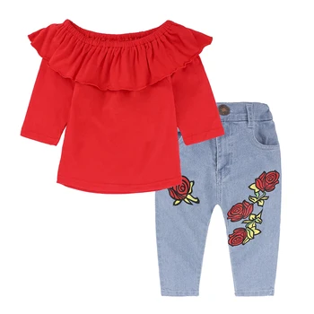 Vasaras Bērnu Apģērbu Uzvalks Modes Baby Girl Apģērbu Ar Īsām Piedurknēm Kokvilnas Sarkans Tops+Džinsa Bērnu Apģērbu Komplekts 1-6 Gadiem